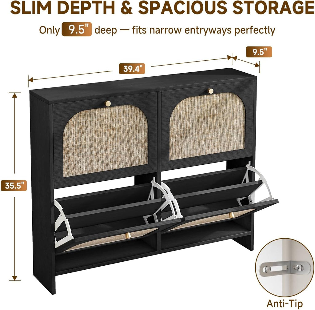 Shoe Storage Cabinet , Rattan Vintage Flip Shoe Rack- 4 Flip Drawers & 3-Tier Adjustable Shelves,Boho Shoe Organizer