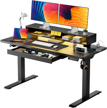 Electric Standing Desk with Drawers, 48 x 24 Inch Height Adjustable Gaming Desk with Monitor Stand, Power Outlets &