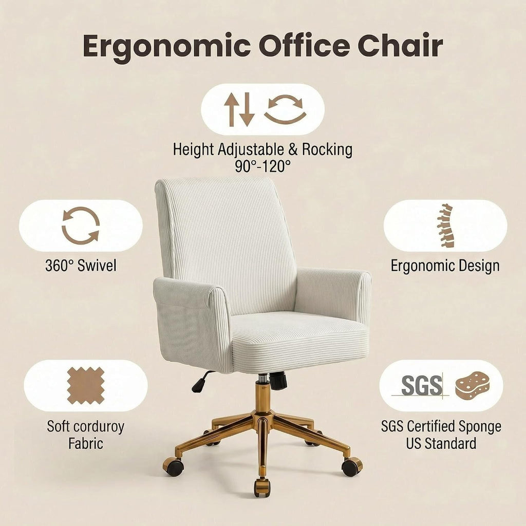 Velvet 360°Swivel Desk Chair, Modern Height Adjustable Home Office Armchair with Gold Base and Wheels for