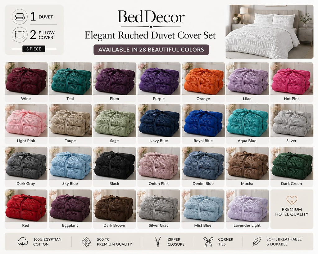 Ruched Pattern 3-Piece Duvet Cover Set by with 2 Pillow Shams, 100% Egyptian Cotton, 600 Thread Count, Zipper &