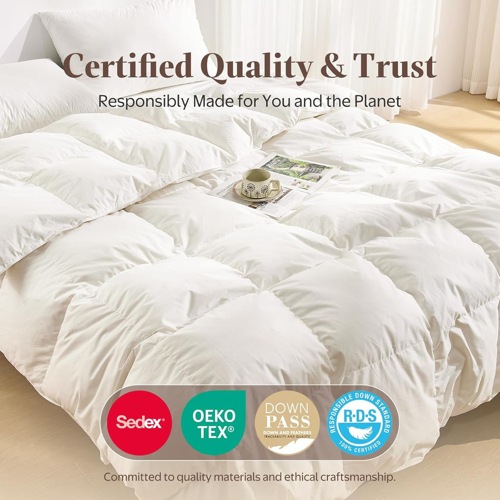 Goose Feather Down Fiber Comforter Queen - 100% Organic Cotton Shell All Season Duvet Insert, Medium