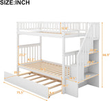 Twin Over Twin Bunk Bed with Trundle, Storage Staircase and Full Length Guardrail, Solid Wood Stairway Bunk Bed