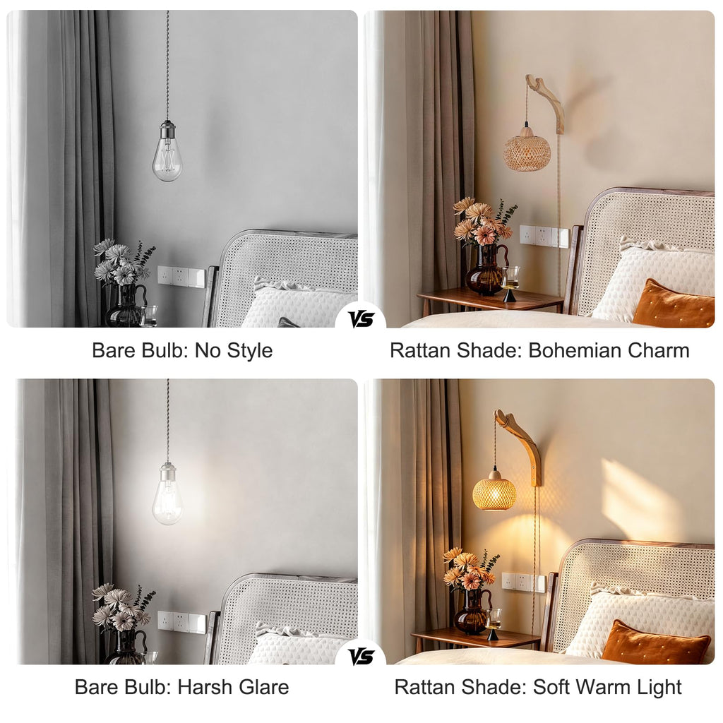 Bamboo Lantern Plug in Wall Sconces Wicker Wall Lamp with Plug in Cord Hand Woven Rattan Wall Light Farmhouse Rustic
