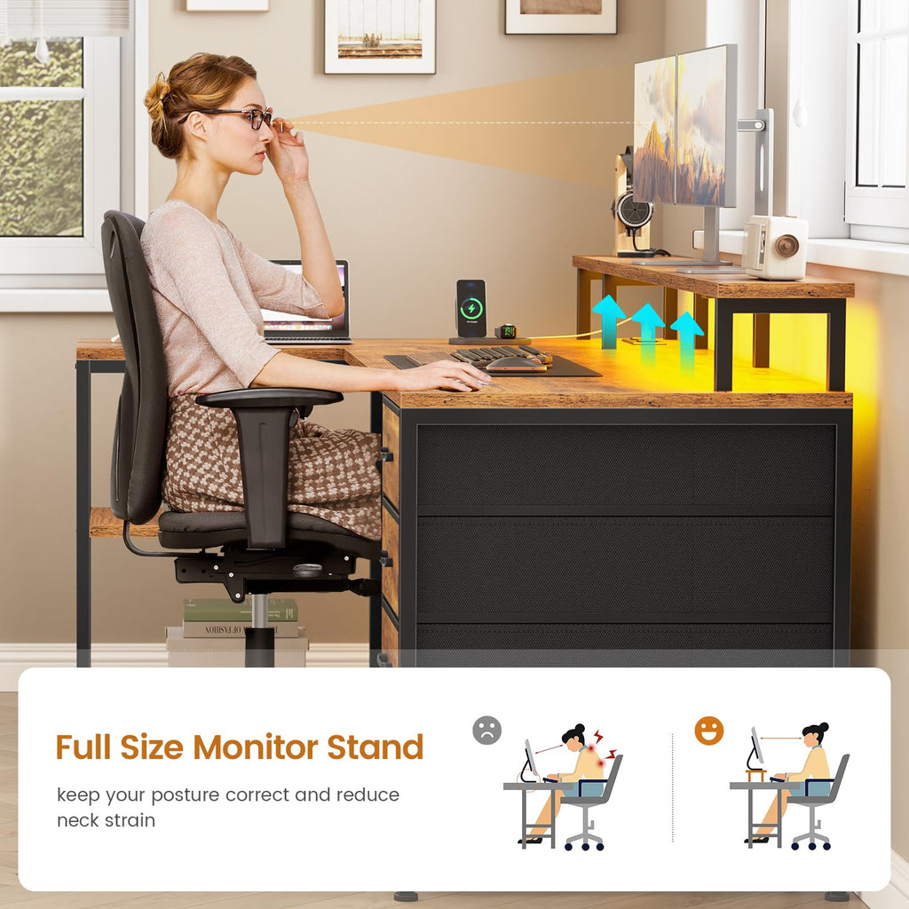 L Shaped Desk with 4 Drawers, Shelves, Power Outlets, Rustic Brown