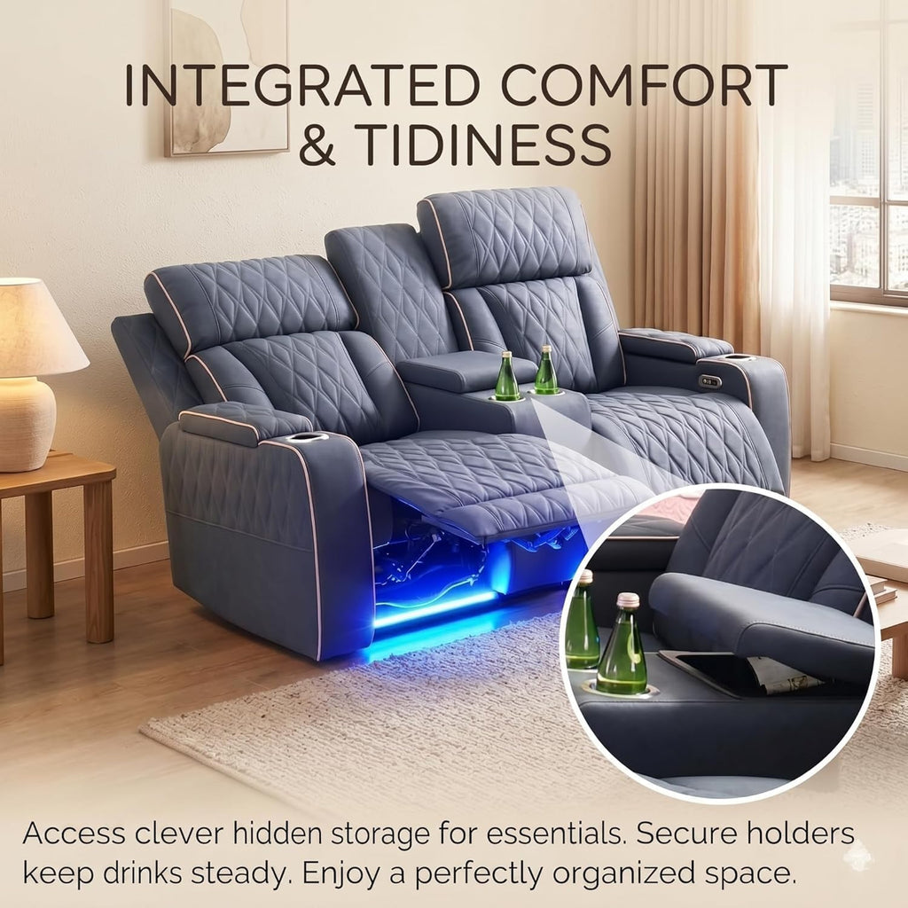 2 Piece Recliner Loveseat Set, Power Reclining Leather Couch with LED Lights, USB Charging, Cup Holders & Storage