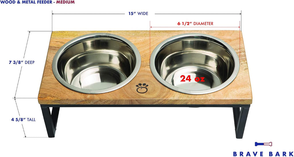 Mango Wood Dog Bowl Stand - Elevated Pet Feeder with 2 Stainless Steel Bowls - Raised Food and Water Dish Set