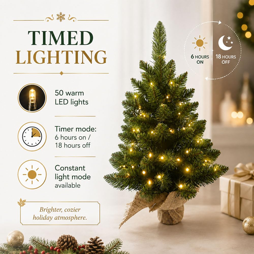Small Christmas Tree with Lights, 2ft Table top Mini Xmas Tree