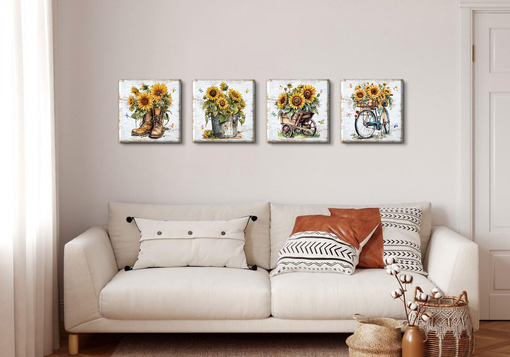 Rustic Sunflower Wall Art Farmhouse Bicycle Boots Truck Sunflower Picture Cowboy Wall Decor Vintage Country