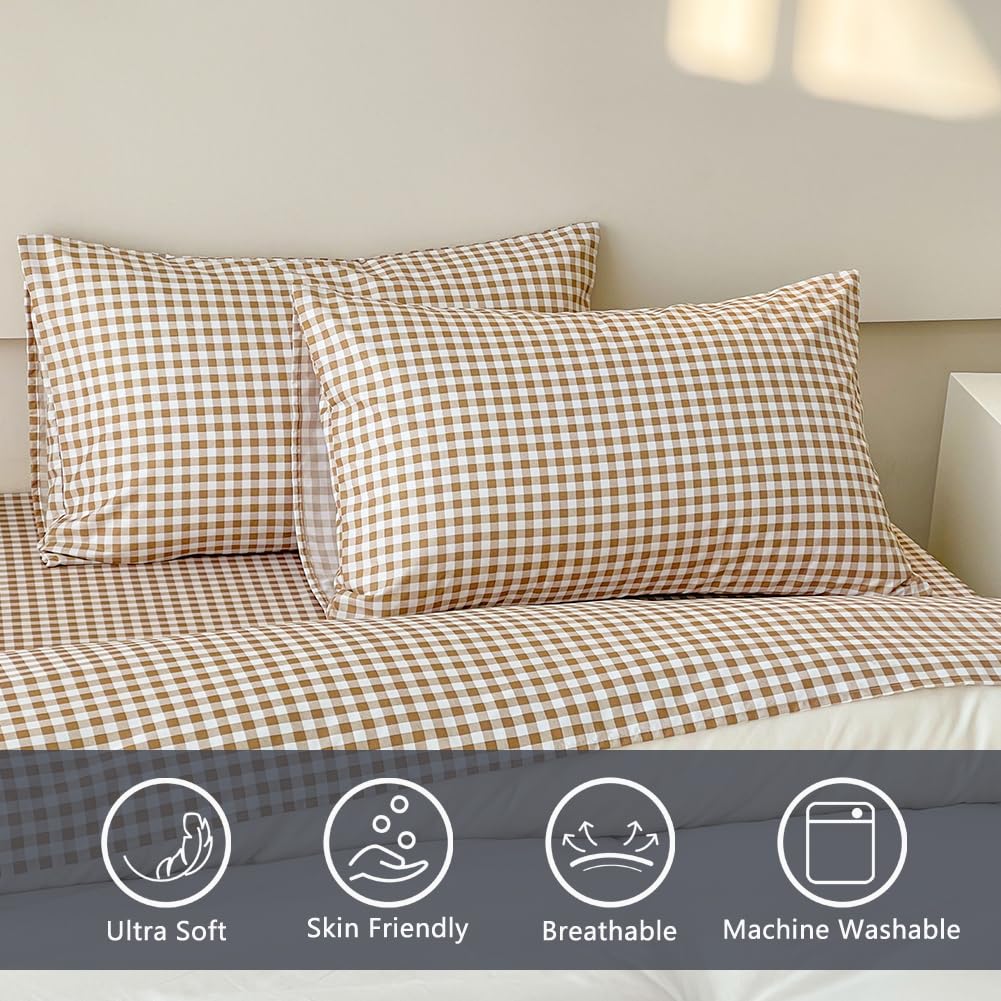 Tan Gingham Queen Sheet Set