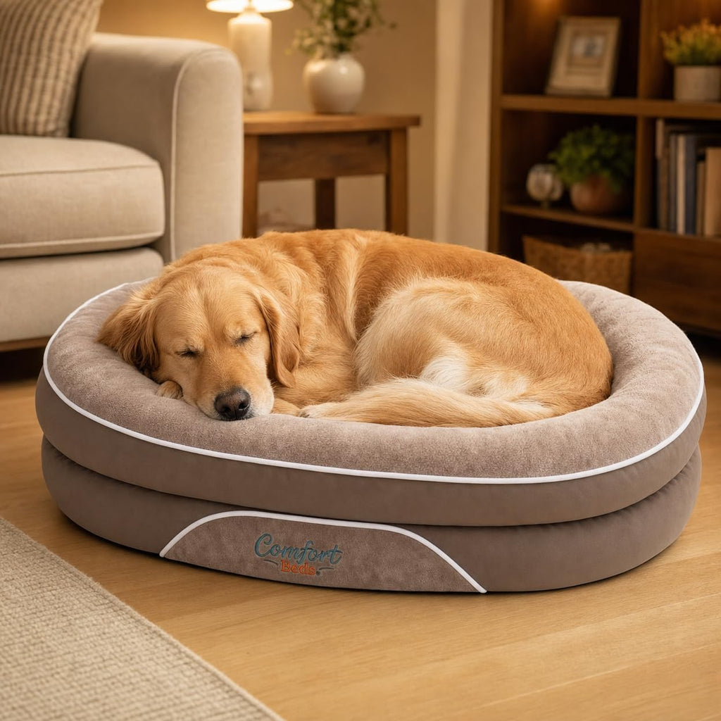 Beds Orthopedic Dog Bed for Large Dogs, Plush Faux Fur, Calming Bolster Sides, Non-Slip Base, Taupe and Beige