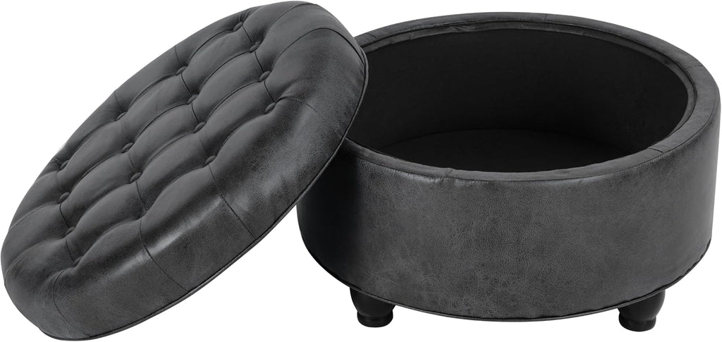 25" Button Tufted Round Storage Ottoman - Gray Faux Leather