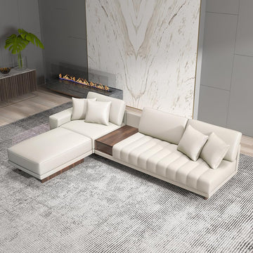 Leather Sectional Sofa - 126" Oversized L-Shaped Modular Couch with Storage Table & Ottoman, White Sofa for Modern