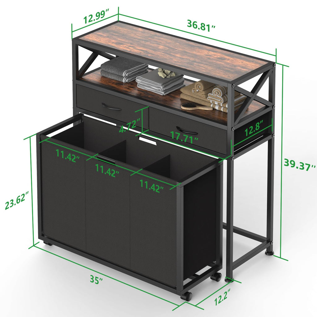 Laundry Sorter Hamper 3 Section with 2 Shelves & 2 Drawers