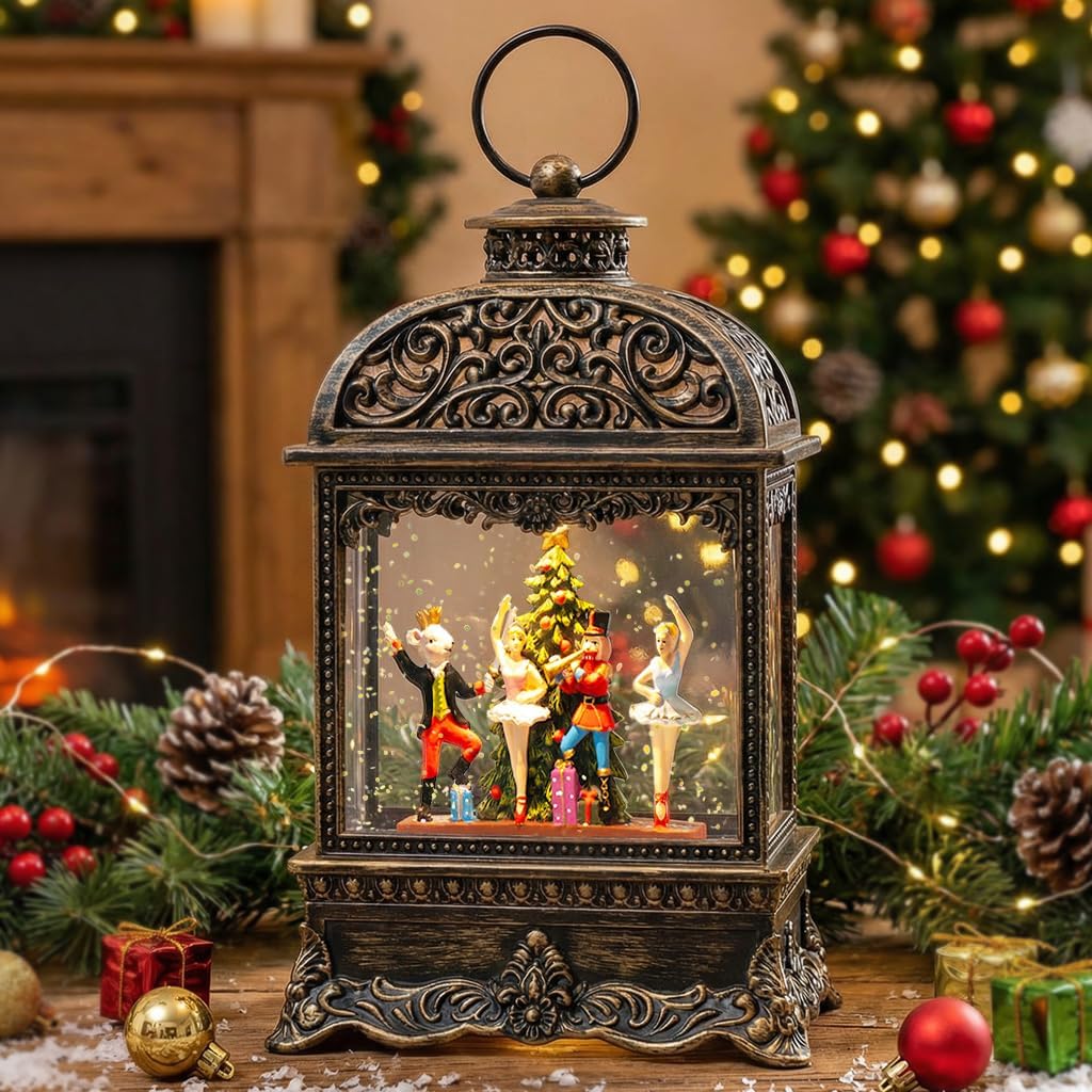 Christmas Snow Globe Lantern with Nutcracker Battles The Mouse King,Lighted Swirling Glittering Snow Globes