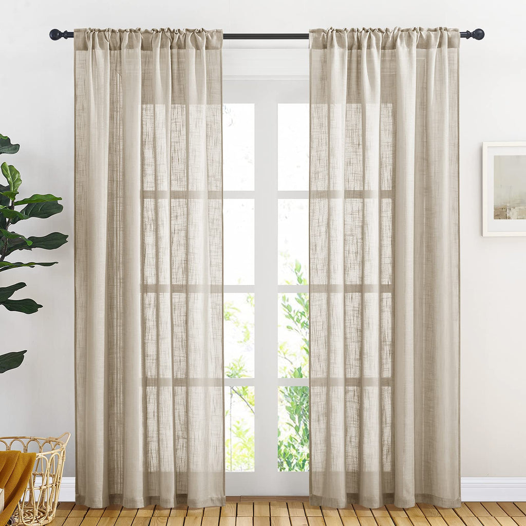 Sheer Curtains 84 inches Long, Linen Textured Rod Pocket & Back Tab Privacy Sheer Drapes with Light Through for
