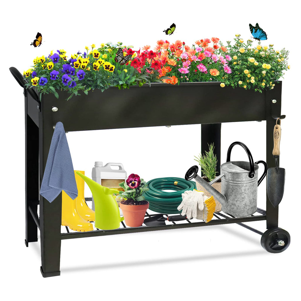 Raised Garden Planter Beds with Wheels Legs, Large Planters Box for Indoor Outdoor Plants, Metal Galvanized Elevated