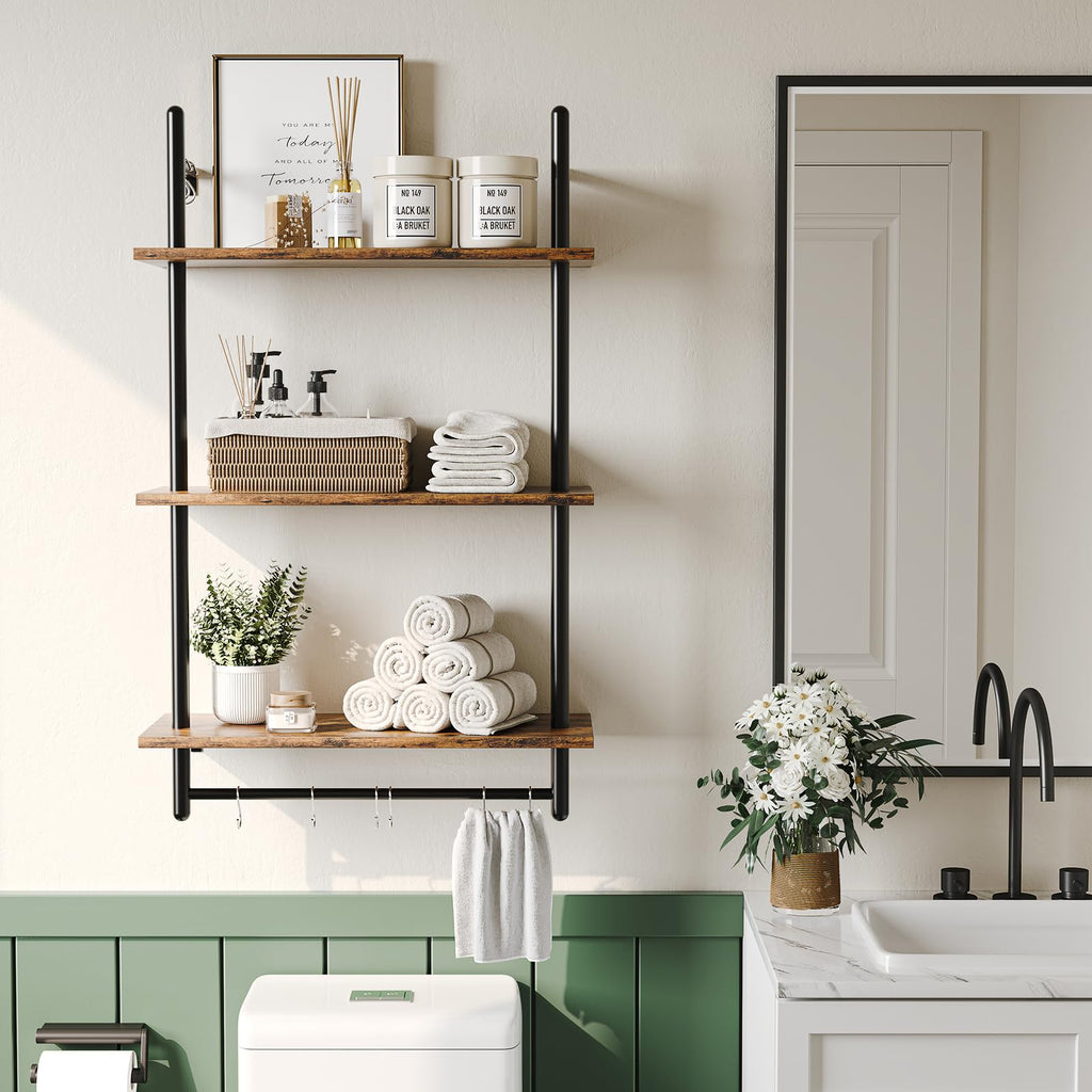 24 Inch 3 Tier Industrial Pipe Shelves with Towel Bar, Rustic Brown
