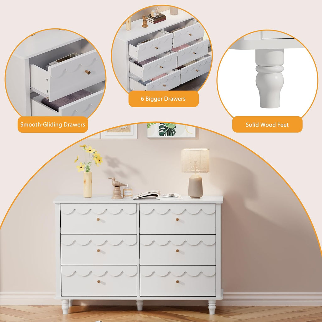 Nursery Chests and Dresser for Kids Bedroom Wood Scalloped 6 Drawer Dresser, Dressers & Chests of Drawers with Metal