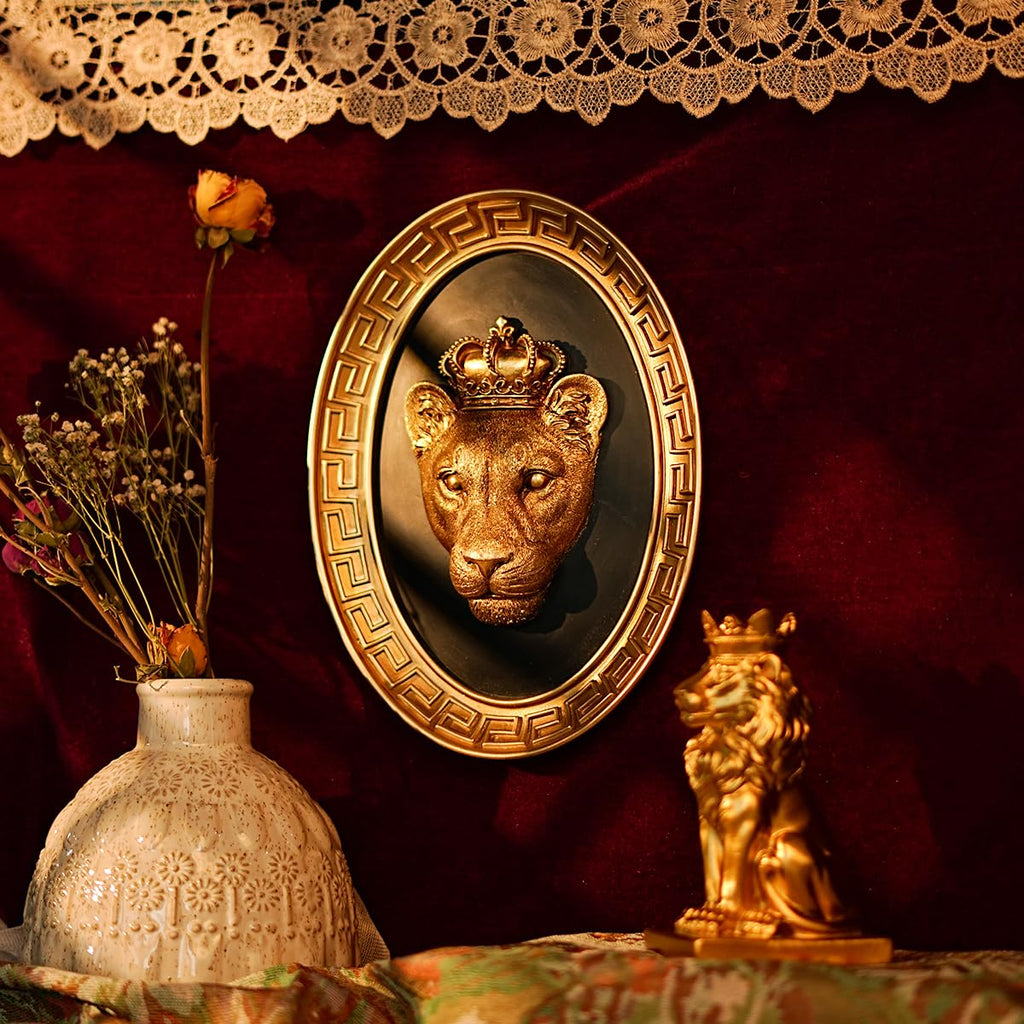 Vintage Wall Sculpture, Retro Gold Lioness Head Oval Framed Wall Art, Antique Wall Decor, Gothic Hanging Decoration