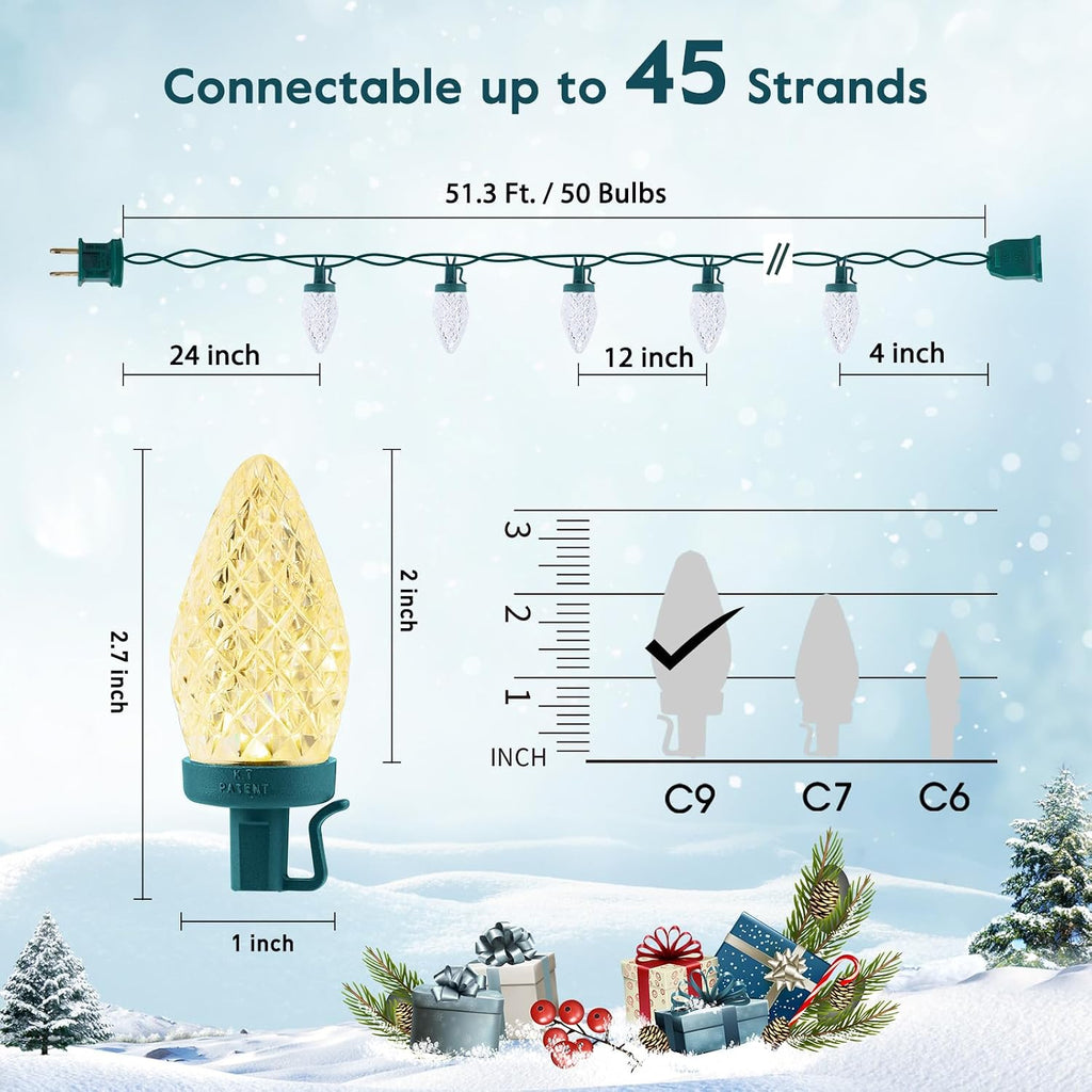 49FT 50 LED C9 Christmas Lights Outdoor Waterproof, Warm White