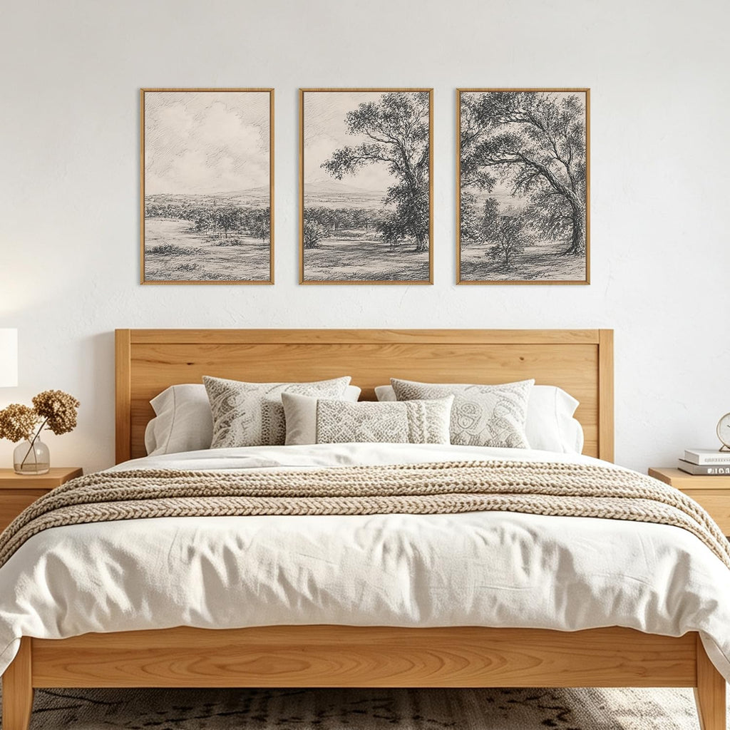 Large Neutral Tree Forest Sketch Framed Wall Art 16x24 Inch Vintage Grey Nature Landscape Canvas Artwork Rustic