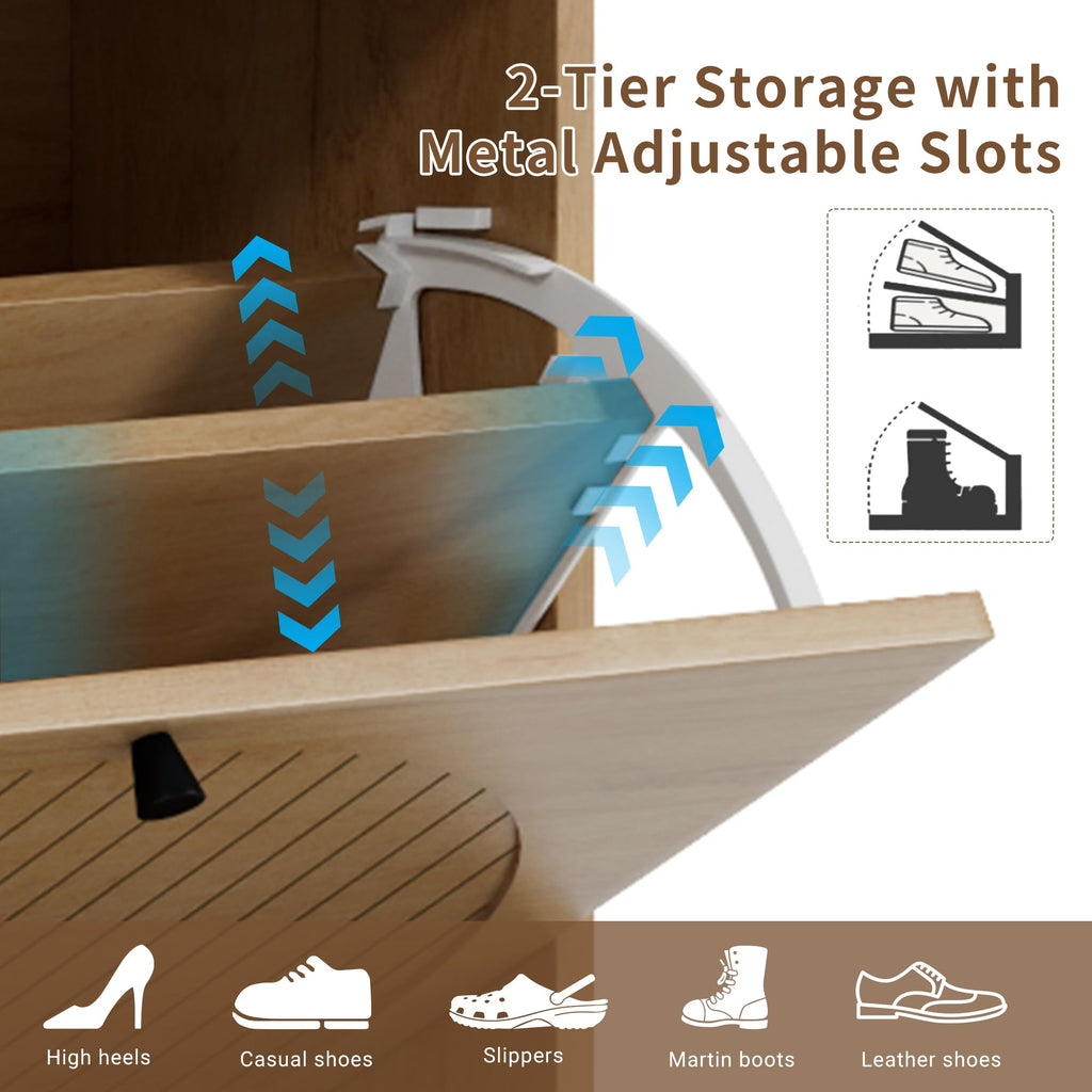 Shoe Storage Cabinet with 4 Fluted Flip Drawers, Oak