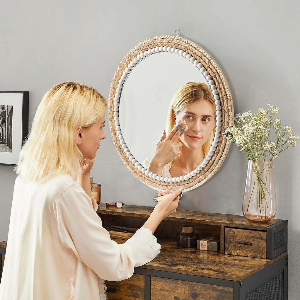 22 Inch Boho Style Decorative Mirror, Round Rattan Wall Hanging Mirror, Nature Rattan Woven Round Mirror, Makeup