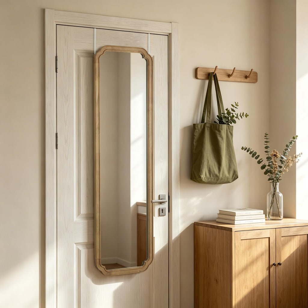 48" x 14" Full Length Door Mirror with Rustic Rounded Corner Wood Frame, Over the Door Hanging Mirror, Closet