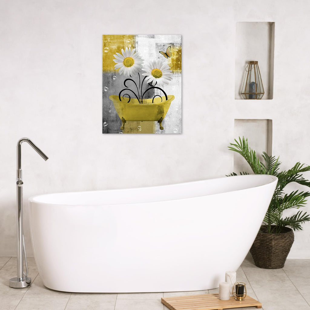 Farmhouse Floral Wall Art, Yellow Flower and Butterfly Canvas Wall Art Modern Grey and White Abstract Geometric