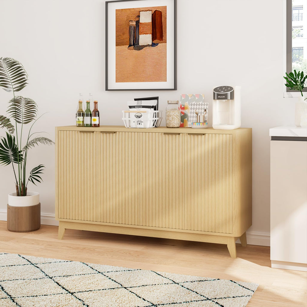57" Fluted Sideboard Buffet Cabinet with Aesthetic Curved Profile, 4-Door Credenza Storage Cabinet Entryway Console
