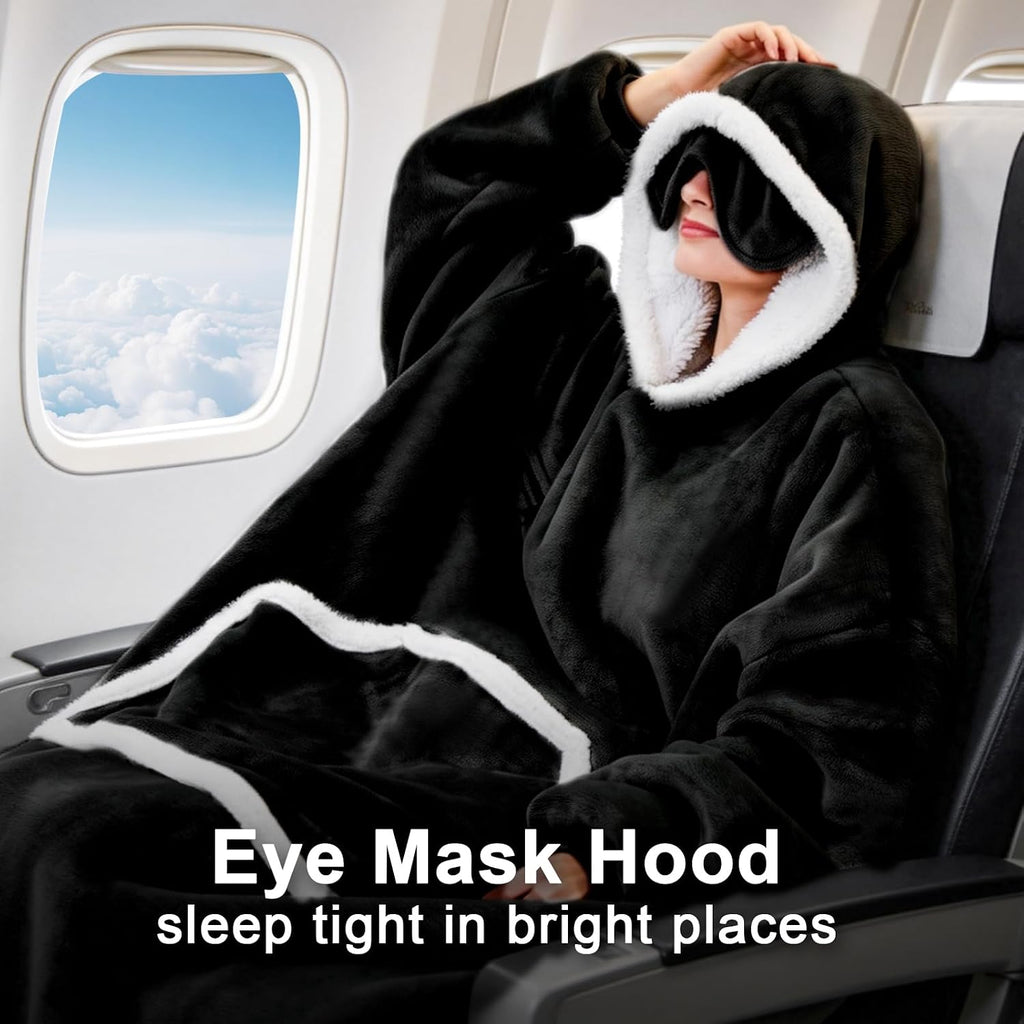Oversized Cozy Wearable Blanket Hoodie for Adult with Eye Mask,Black