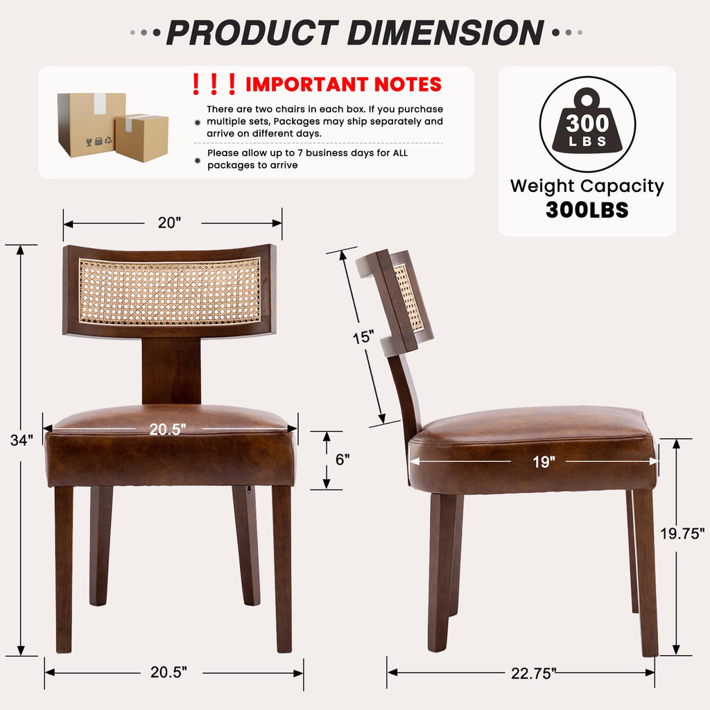 Mid Century Modern Rattan Dining Chairs Set of 6, Farmhouse PU Leather Upholstered Accent Chair Curved Backrest