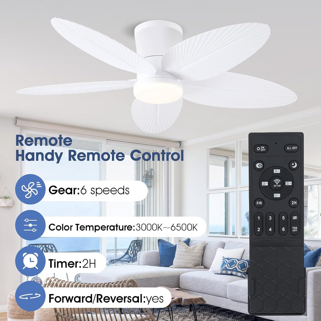 Palm Leaf Ceiling Fans with Lights-42 Tropical Ceiling Fan with Light and Remote/APP Control,Flush Mount Low Profile White Ceiling Fans for Bedroom,Indoor/Outdoor Patio Use A101-B0DLVT767B