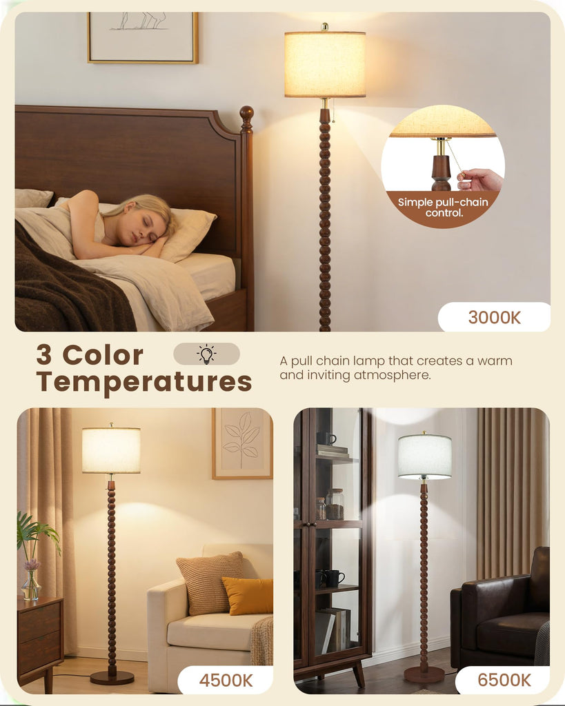 65" Spindle Wood Floor Lamp with Pull Chain, 3CCT, Beaded floor lamp, Walnut