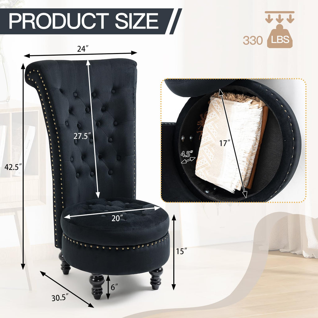 High Back Throne Chair with Storage, Black Velvet Royal Accent Chair