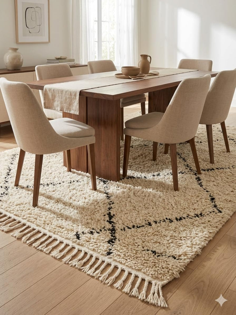 Handmade Moroccan Berber Area Rug 6' x 9', 100% Wool High Pile Shag, Beni Ourain Style, Ivory/Cream with Charcoal