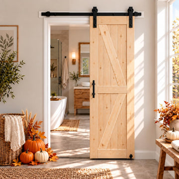 30in x 84in Unfinished British Brace Knotty Barn Door with Sliding Door Hardware Kit/Solid Wood/Sliding/Double