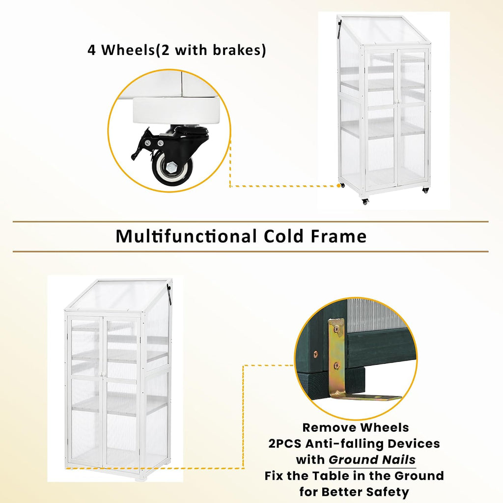 62" H Indoor Wood Greenhouse, Balcony Large Cold Frame with Wheels and Adjustable Shelves for Outdoor Indoor Use