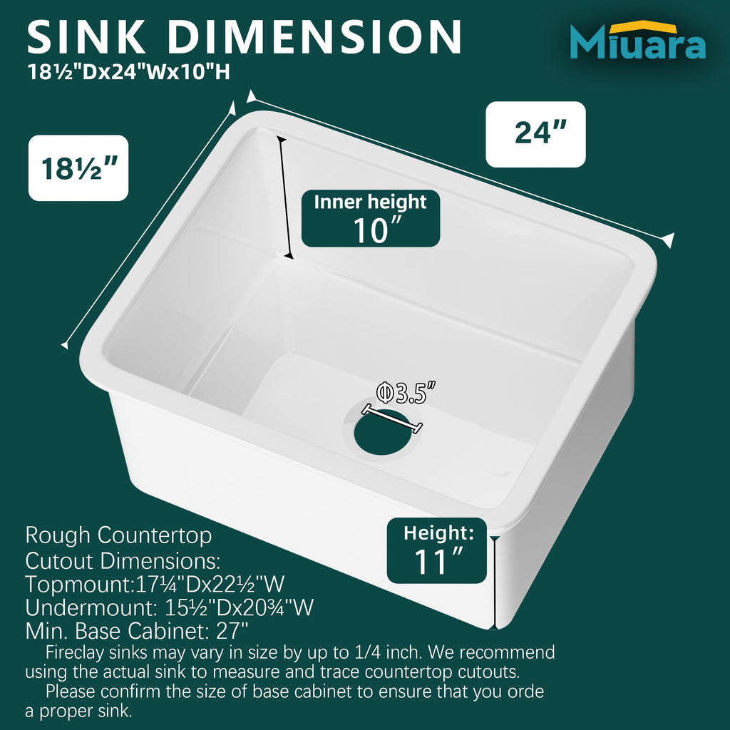 24 x 19 Inch Undermount or Drop In Fireclay Kitchen Sink White