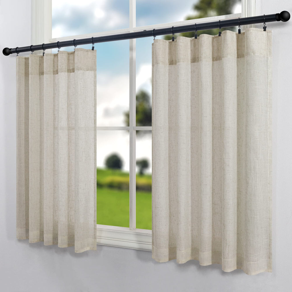 Half Curtains for Windows 36in Long Flax Linen Kitchen Tiers 2 Panels Back Tab Pocket Semi Privacy Glare Control