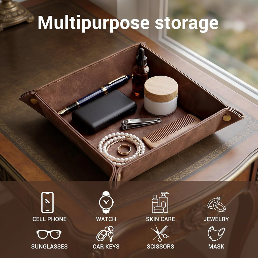 Leather Valet Tray, Premium PU Leather Catch-All Tray for Entryway Table Key, Phone, Wallet, Coins & Jewelry, Bedside
