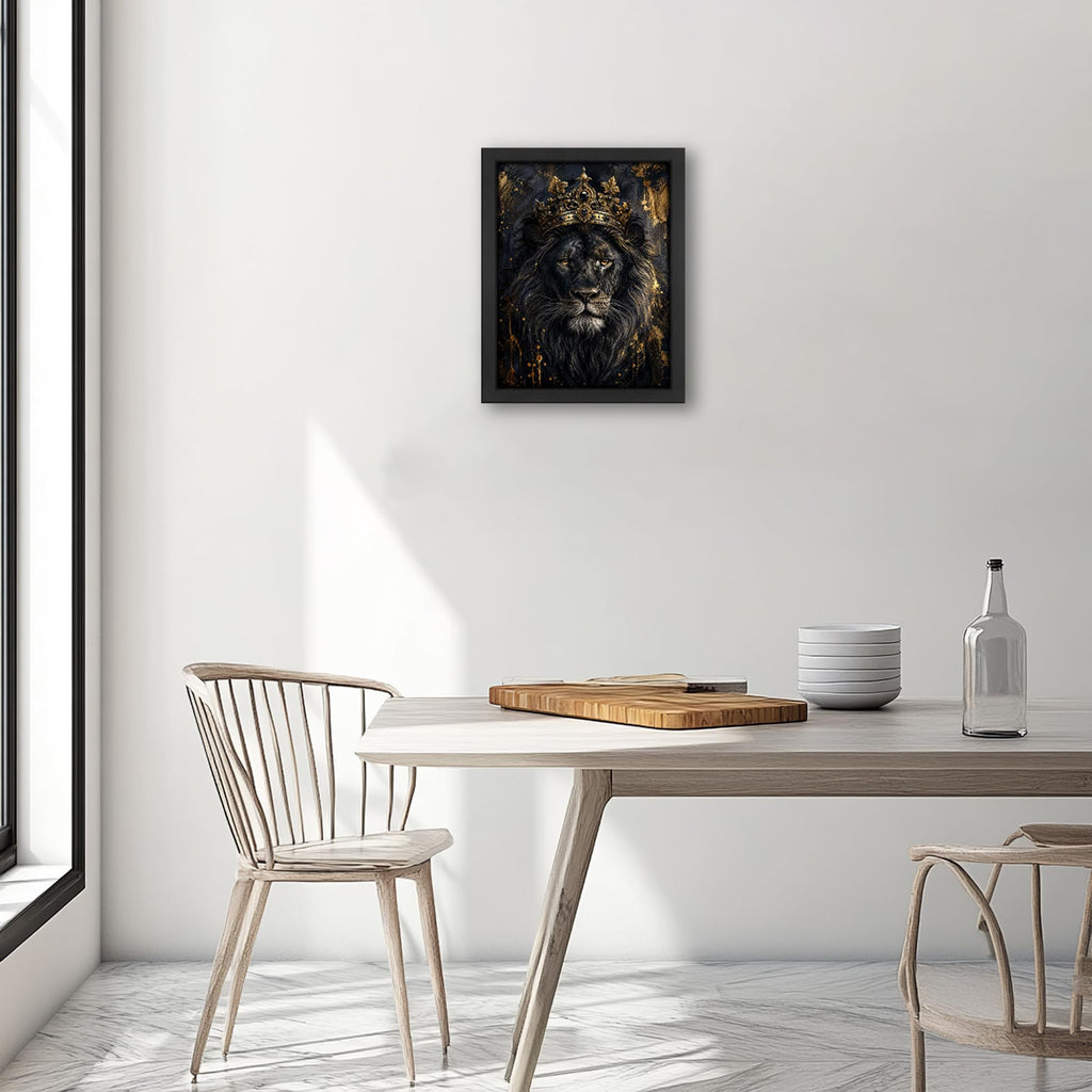 Crowned Lion Decor Wall Art, Black and Gold Animal Picture 16"x20"