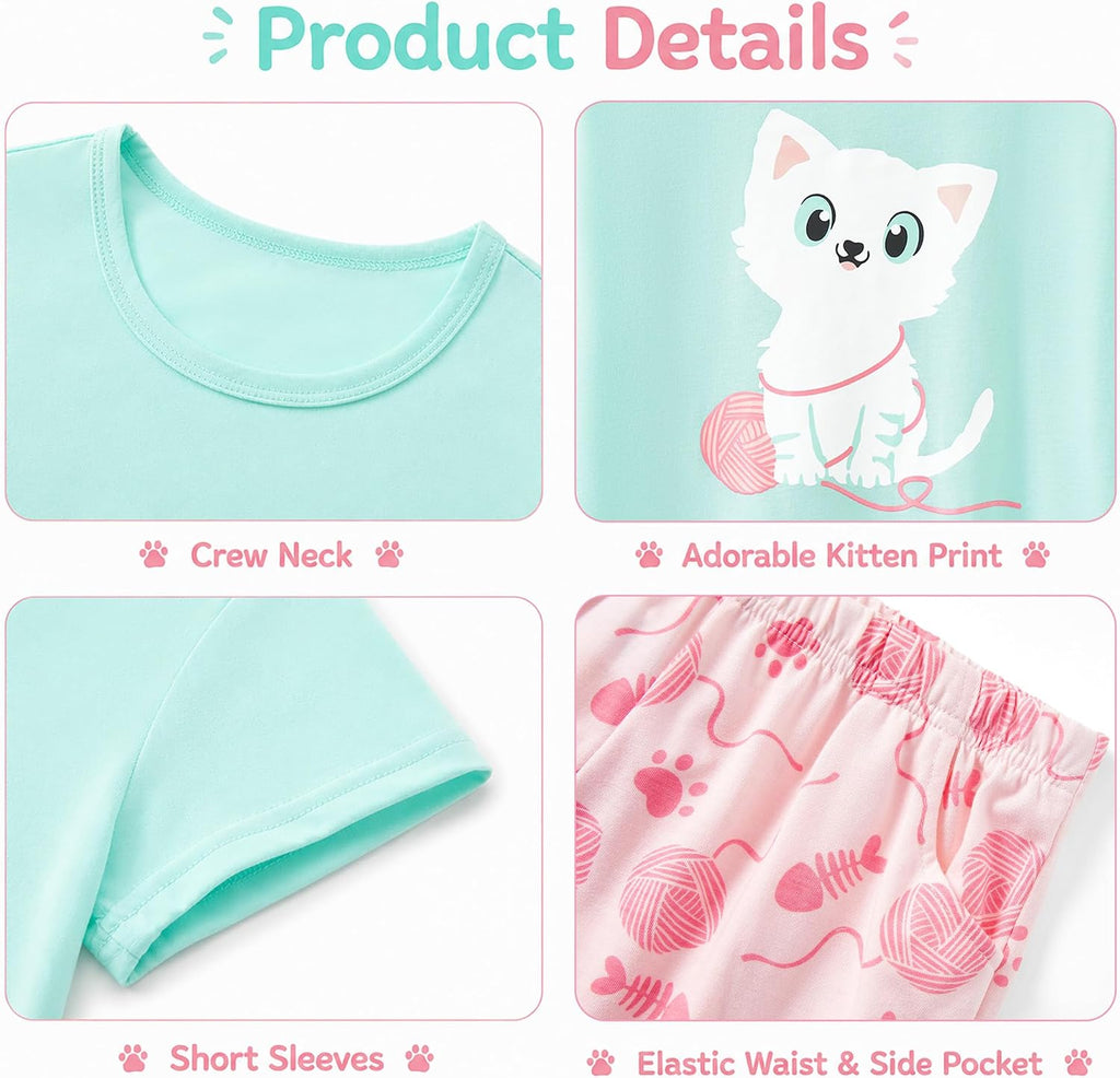 Girls Cotton Blend Pajamas Cute Print Short Sleeve Set