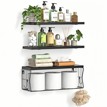 Floating Bathroom Shelves Wall Mounted - Wooden Shelf Set of 3 for Over Toilet Storage & Modern Bathroom Decor