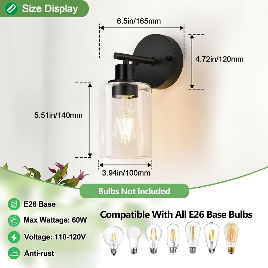 Set of 2 Wall Sconces ,Black Modern Vanity Lights with Clear Glass Shade,Bathroom Wall Lamp for Mirror Kitchen Living