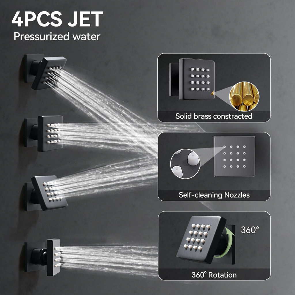Shower System with Body Jets, Four Modes Shower Faucet 12+6" Rain Shower Head with Handheld Spray 2 Ways, 4Pcs Shower