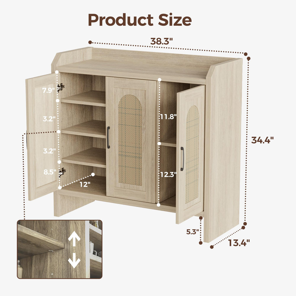 5-Tier Rattan Shoe Cabinet with Doors, 1.2" Thick Hidden Shoe Rack, Oak