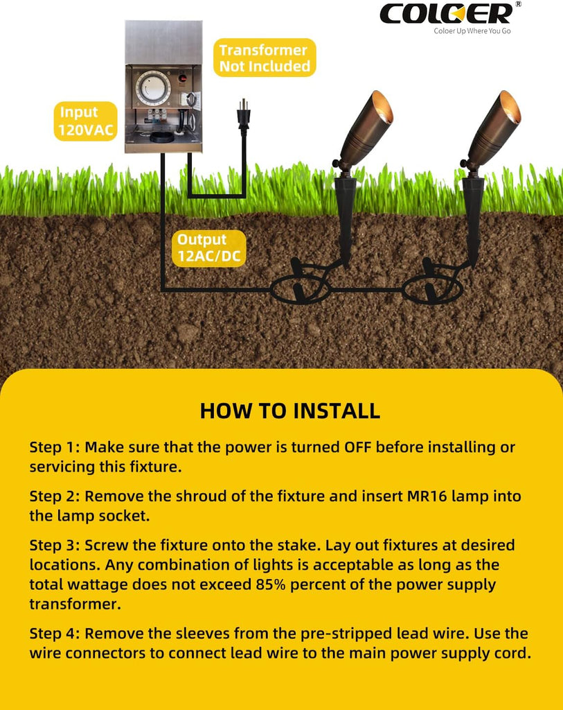 Die-cast Brass Landscape Spotlights Outdoor with 5W Aluminum Housing LED MR16 Bulb 2700K 450LM,12V AC/DC Low Voltage