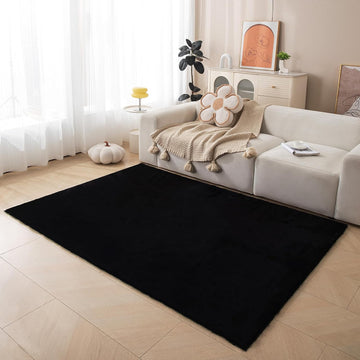 Fluffy Faux Rabbit Fur Rug, Cloud-Soft Rugs, Non-Slip No-Shed Area Rug, Machine Washable Rug, Black