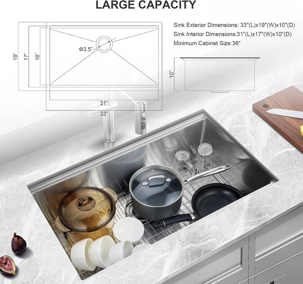 33x19 Workstation Undermount Kitchen Sink Stainless Single Bowl | Rounded Corners 10" Deep Basin, 18G T304